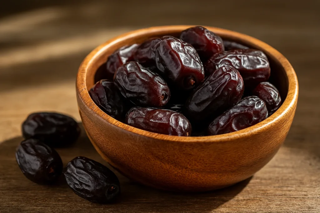 Fresh Iranian Mazafati dates in a wooden bowl on a rustic table under natural sunlight.