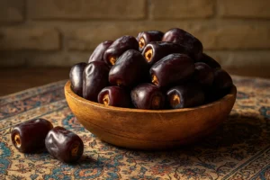 Fresh Iranian Mazafati dates in a wooden bowl on a rustic table, captured in natural light to highlight their rich color and texture.
