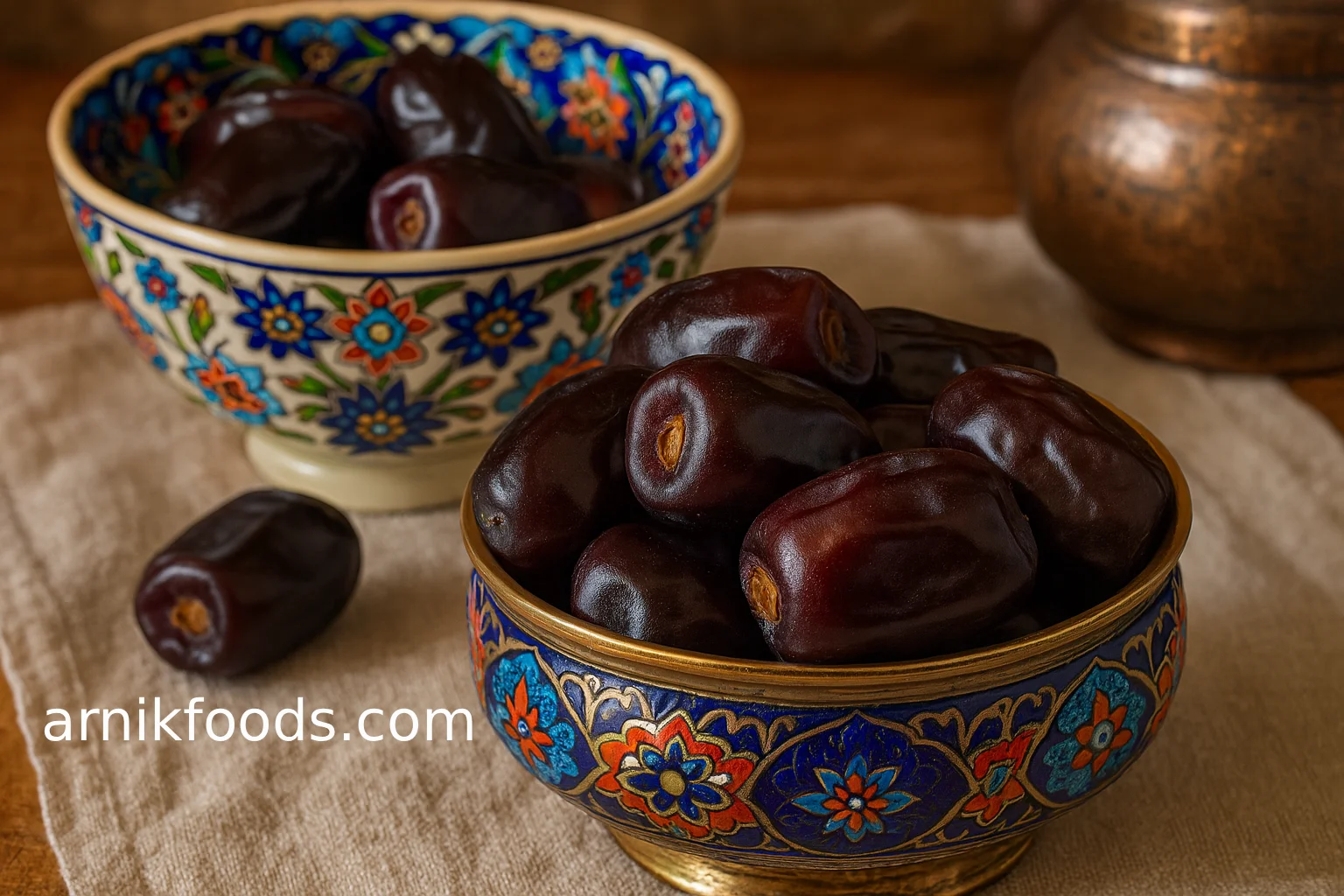 Fresh Mazafati dates in handcrafted Persian bowls with intricate designs