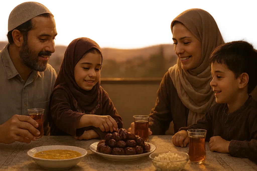A Muslim family breaking their fast with Iranian dates and tea at sunset, captured in a warm, cinematic, and realistic style.