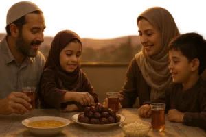 A Muslim family breaking their fast with Iranian dates and tea at sunset, captured in a warm, cinematic, and realistic style.